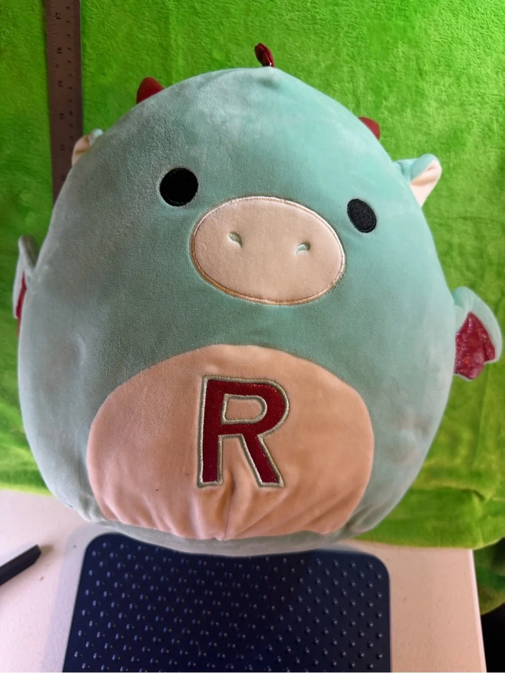 Squishmallows Mint Green Plush with Cream Face and Red 'R' Accent